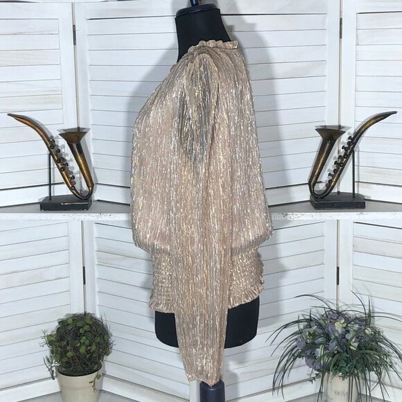 Joie Shimmer Blouse Smocked Waist Long Sleeve Chiffon Silver Gold Metallic Sz L - Picture 4 of 12